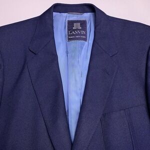 80s 90s Lanvin Blazer Sport Coat 42R Mens Hopsack Navy Gold Button VGUC